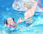  1boy 1girl aruba black_bow blonde_hair bow brother_and_sister drowned elise_(fire_emblem_if) fire_emblem fire_emblem_heroes fire_emblem_if hair_bow inflatable_toy intelligent_systems lilith_(fire_emblem_if) loli long_hair male_swimwear marks_(fire_emblem_if) nintendo one-piece_swimsuit open_mouth shirtless short_hair siblings super_smash_bros. swim_trunks swimsuit twintails water wreath x_x 