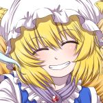  1girl blonde_hair blue_dress closed_eyes commentary_request dress eyebrows_visible_through_hair facing_viewer fox_tail grin hanya_(hanya_yashiki) hat mob_cap multiple_tails partial_commentary pillow_hat portrait short_hair smile solo tail touhou white_hat yakumo_ran 