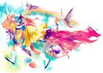  1boy 1girl commentary_request dragon_quest dragon_quest_i drakee dress earrings gown helmet hero_(dq1) horns jewelry long_hair princess princess_laura shimi_(egi) slime smile traditional_media watercolor_(medium) 