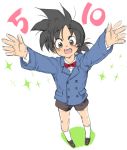  1boy ayo_(isy8800) black_eyes black_footwear black_hair black_shorts blue_jacket dragon_ball dragon_ball_z_kami_to_kami dragonball_z full_body jacket long_sleeves looking_at_viewer looking_up male_focus necktie number number_pun open_mouth outstretched_arms shirt short_hair shorts simple_background socks son_goten sparkle spiky_hair white_background white_shirt 