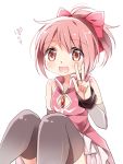  :d ayumaru_(art_of_life) bare_shoulders black_legwear cosplay costume_switch highres kaname_madoka magical_girl mahou_shoujo_madoka_magica open_mouth pink_eyes pink_hair ponytail sakura_kyouko sakura_kyouko_(cosplay) short_hair sitting smile thigh-highs 