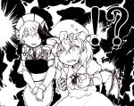  !? 2girls apron bangs bat_wings blush braid brooch comic commentary_request constricted_pupils cowboy_shot eyebrows_visible_through_hair fang frilled_apron frilled_shirt frilled_shirt_collar frilled_skirt frilled_sleeves frills greyscale hair_ribbon hat hat_ribbon izayoi_sakuya jewelry koyubi_(littlefinger1988) looking_at_another maid maid_apron maid_headdress mob_cap monochrome multiple_girls open_mouth puffy_short_sleeves puffy_sleeves remilia_scarlet ribbon shirt short_hair short_sleeves skirt spoken_interrobang surprised sweatdrop touhou tress_ribbon twin_braids v_arms waist_apron wide-eyed wings wrist_cuffs 