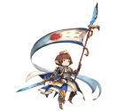  1girl armor blue_eyes bridgette_(granblue_fantasy) brown_hair flag gold_footwear granblue_fantasy harvin hat holding holding_flag holding_sword holding_weapon looking_away minaba_hideo official_art pointy_ears short_hair solo sword transparent_background weapon 