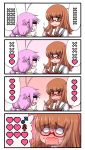  2girls 4koma antenna_hair bangs black-framed_eyewear black_neckwear blank_eyes blouse blunt_bangs blush book comic commentary eyebrows_visible_through_hair frown full-face_blush girls_und_panzer hanya_(hanya_yashiki) heart highres holding long_hair long_sleeves mars_symbol motion_lines multiple_girls neckerchief ooarai_school_uniform orange_eyes orange_hair original pencil pointing pointing_up red-framed_eyewear school_uniform semi-rimless_eyewear serafuku sweatdrop takebe_saori tied_hair trembling twintails under-rim_eyewear venus_symbol white_blouse x yobae_inko-chan 