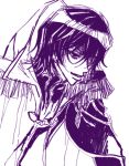  1boy black_hair clothes code_geachu_lelouch_of_the_calamity code_geass from_side kou_(suzalulu) lelouch_lamperouge male_focus purple simple_background sketch smile solo uniform upper_body v-shaped_eyebrows violet_eyes white_background 