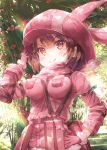  1girl :&gt; animal_ears animal_hat arm_up bandanna blush breasts brown_eyes brown_hair bunny_hat closed_mouth commentary_request day ek_masato flower fur-trimmed_gloves fur-trimmed_jacket fur_trim gloves hand_on_hip hat impossible_clothes jacket large_breasts llenn_(sao) long_sleeves looking_at_viewer outdoors pink_bandana pink_gloves pink_hat pink_jacket rabbit_ears red_flower red_rose rose solo sword_art_online sword_art_online_alternative:_gun_gale_online v-shaped_eyebrows 