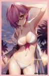  1girl arm_up armpits bikini blush border breasts cleavage clouds collarbone fate/grand_order fate_(series) food food_in_mouth glasses hair_over_one_eye highres jacket large_breasts looking_at_viewer mash_kyrielight navel necomi open_clothes open_jacket palm_tree pink_border popsicle purple_hair short_hair signature sky solo stomach sun swimsuit swimsuit_of_perpetual_summer title tree twilight violet_eyes white_bikini 