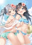  2girls alternate_costume asashio_(kantai_collection) ass bangs bikini black_hair blue_bikini blue_eyes blue_sky blush breasts brown_eyes clouds collarbone contemporary cowboy_shot day ebifurya eyebrows_visible_through_hair flower frilled_bikini frills grey_hair hair_flower hair_ornament hair_ribbon hibiscus highres kantai_collection kasumi_(kantai_collection) layered_bikini long_hair looking_at_viewer multiple_girls navel ocean open_mouth outdoors palm_tree partially_submerged ribbon side-tie_bikini side_ponytail sky small_breasts striped striped_bikini striped_bikini_bottom striped_swimsuit sunlight swept_bangs swimsuit thighs tree water wet 