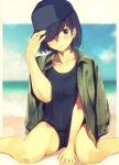  1girl arm_up bangs beach between_legs black_eyes black_hair black_hat black_swimsuit blue_sky blurry blurry_background blush closed_mouth clouds collarbone commentary_request day depth_of_field eyebrows_visible_through_hair flat_cap fujiwara_mizuki green_jacket hair_between_eyes hand_between_legs hand_on_headwear hat head_tilt horizon jacket jacket_on_shoulders looking_at_viewer ocean one-piece_swimsuit open_clothes open_jacket original outdoors sand school_swimsuit sitting sky solo swimsuit wariza water 