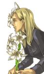  1girl artist_request blonde_hair breasts claudia_wolf flower jacket long_hair lowres no_eyebrows profile silent_hill silent_hill_3 solo vest 