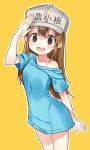  1girl :d absurdres arm_up artist_name bangs blue_shirt blush brown_eyes brown_hair character_name clothes_writing collarbone commentary_request eyebrows_visible_through_hair fingernails flat_cap goyain grey_hat hair_between_eyes hat hataraku_saibou head_tilt highres looking_at_viewer open_mouth platelet_(hataraku_saibou) round_teeth salute shirt short_sleeves smile solo teeth upper_teeth yellow_background 