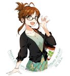  1girl akizuki_ritsuko antenna_hair artist_request birthday bracelet brown_eyes brown_hair clover collarbone glasses idolmaster idolmaster_(classic) jewelry long_sleeves looking_at_viewer open_mouth semi-rimless_eyewear simple_background smile standing white_background 