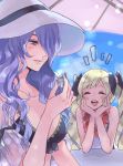  2girls aruba bikini blonde_hair blue_sky camilla_(fire_emblem_if) closed_eyes day elise_(fire_emblem_if) fire_emblem fire_emblem_heroes fire_emblem_if hair_over_one_eye hat holding long_hair multicolored_hair multiple_girls one-piece_swimsuit open_mouth parted_lips purple_hair seashell shell siblings sisters sky swimsuit twintails violet_eyes white_hat wreath 