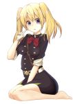 1girl barefoot between_legs black_dress blonde_hair bow bowtie dress enokimo_me eyebrows_visible_through_hair gloves hair_between_eyes hand_between_legs highres index_finger_raised kneeling long_hair looking_at_viewer military military_uniform open_mouth owari_no_seraph red_bow sanguu_mitsuba shiny shiny_hair short_dress simple_background solo twintails uniform violet_eyes white_background white_gloves 