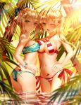  2girls ;d absurdres ass asymmetrical_docking bangs bare_arms bare_shoulders bikini blonde_hair blue_bikini blue_bow blurry blurry_foreground blush bow bracelet breast_press breasts character_request cleavage closed_mouth criss-cross_halter day depth_of_field eyebrows_visible_through_hair fate/grand_order fate_(series) flower green_eyes groin hair_between_eyes hair_bow hair_flower hair_intakes hair_ornament halterneck hand_on_hip highres huge_filesize jewelry junpaku_karen large_breasts long_hair looking_at_viewer looking_to_the_side medium_breasts multiple_girls navel nero_claudius_(fate)_(all) nero_claudius_(swimsuit_caster)_(fate) one_eye_closed open_mouth outdoors petals ponytail side-tie_bikini sidelocks smile standing strapless strapless_bikini striped striped_bikini sunlight swimsuit twintails wading white_flower 