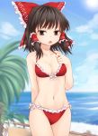  1girl arm_behind_back bangs bare_arms bare_shoulders beach bikini black_eyes black_hair blue_sky blurry blurry_background bow breasts clouds collarbone commentary_request cowboy_shot day frilled_bikini frilled_bow frills front-tie_bikini front-tie_top gohei groin hair_bow hair_tubes hakurei_reimu halterneck hand_on_own_chest hand_up highres holding looking_at_viewer medium_breasts medium_hair miyo_(ranthath) navel open_mouth outdoors palm_tree red_bikini red_bow ribbon-trimmed_bikini ribbon_trim sand shiny shiny_skin side-tie_bikini sidelocks sky solo standing stomach sun swimsuit thighs touhou tree water 
