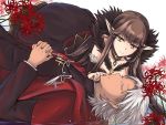  1boy 1girl amakusa_shirou_(fate) black_hair breasts brown_eyes cleavage closed_eyes dark_skin detached_sleeves fate/apocrypha fate_(series) fur_trim grey_hair long_hair looking_at_another lying on_back pointy_ears runliya semiramis_(fate) sleeping slit_pupils tiger_lily very_long_hair 