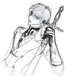  1boy buttons clothes code_geass gloves graphite_(medium) holding kou_(suzalulu) kururugi_suzaku lips looking_at_viewer male_focus mechanical_pencil monochrome pencil serious simple_background sketch solo sword traditional_media uniform upper_body v-shaped_eyebrows weapon white_background 