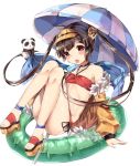  1girl :o animal ayatsuki_sugure azur_lane bangs bare_shoulders beach_umbrella bikini blush brown_hair collarbone food fur-trimmed_jacket fur_trim green_innertube hairpods halter_top halterneck head_tilt highres holding holding_food innertube jacket long_hair long_sleeves looking_at_viewer off_shoulder open_clothes open_jacket open_mouth panda ping_hai_(azur_lane) platform_footwear platform_heels popsicle puffy_long_sleeves puffy_sleeves red_bikini red_eyes side-tie_bikini simple_background sleeves_past_wrists solo swimsuit transparent twintails umbrella upper_teeth very_long_hair visor_cap white_background yellow_jacket 