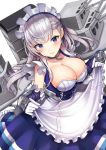  1girl absurdres apron azur_lane bangs belfast_(azur_lane) blue_eyes blush braid breasts cannon chains cleavage collar collarbone corset dress dress_lift eyebrows_visible_through_hair floating_hair french_braid frilled_sleeves frills gauntlets gloves gui_ss head_tilt highres large_breasts lifted_by_self long_hair looking_at_viewer machinery maid maid_headdress rigging sidelocks silver_hair simple_background skindentation smile solo turret white_background white_gloves 
