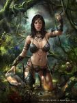  1girl alex_negrea bare_shoulders breasts brown_hair bug butterfly circlet cleavage dagger flower grass insect jewelry leaf legend_of_the_cryptids lingerie long_hair midriff mushroom navel necklace official_art snake solo tattoo teeth tree underwear water watermark weapon web_address 