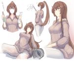  1girl blush breasts brown_hair closed_eyes closed_mouth flower hair_between_eyes hair_flower hair_ornament highres kantai_collection large_breasts long_hair looking_at_viewer mizuchi_(mizuchi7118) multiple_views ponytail red_eyes ribbed_sweater simple_background smile sweater very_long_hair wet wet_clothes white_background yamato_(kantai_collection) 