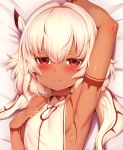  1girl arm_up armpits bed_sheet blush breasts close-up dakimakura dark_skin frown looking_at_viewer m-da_s-tarou red_eyes rocoroco short_hair small_breasts solo tanaka_the_wizard upper_body white_hair 