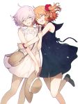  2girls bag closed_eyes dress fate/grand_order fate_(series) flowerchorus fujimaru_ritsuka_(female) handbag hat hug lavender_hair mash_kyrielight multiple_girls open_mouth orange_hair scrunchie short_hair straw_hat sundress 