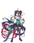  1girl bangs bare_shoulders black_legwear blue_hair blush breasts clenched_hand closed_mouth detached_sleeves fingernails full_body highres holding holding_weapon kan&#039;u katagiri_hinata koihime_musou large_breasts loafers long_hair looking_at_viewer naginata necktie official_art pleated_skirt polearm ponytail sennen_sensou_aigis shiny shiny_clothes shiny_hair shiny_skin shoes side_ponytail skirt sleeveless smile solo standing thigh-highs transparent_background very_long_hair weapon wide_sleeves yellow_eyes zettai_ryouiki 