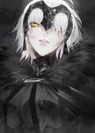  1girl absurdres au_(d_elite) black_dress dress fate/grand_order fate_(series) fur_trim headpiece highres huge_filesize jeanne_d&#039;arc_(alter)_(fate) jeanne_d&#039;arc_(fate)_(all) looking_at_viewer parted_lips portrait revision solo white_hair yellow_eyes 