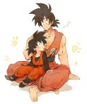 2boys :o ayo_(isy8800) barefoot black_eyes black_hair blush chest dougi dragon_ball dragonball_z eyebrows_visible_through_hair father_and_son fingernails full_body hands_on_another&#039;s_head happy legs_crossed long_sleeves looking_at_viewer looking_down looking_up male_focus multiple_boys musical_note paws quarter_note shadow short_hair simple_background sitting sitting_on_lap sitting_on_person size_difference smile son_gokuu son_goten spiky_hair sun white_background 