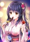  1girl bangs blush breasts brown_eyes candy_apple chocolate_banana commentary_request eyebrows_visible_through_hair fingernails floral_print flower food hair_between_eyes hair_flower hair_ornament hands_up hisama_kumako holding holding_food japanese_clothes kimono long_hair long_sleeves medium_breasts obi one_side_up open_mouth original pink_kimono print_kimono purple_hair red_flower red_rose rose sash solo very_long_hair wide_sleeves yukata 