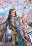  1girl blue_sky branch brown_eyes cherry_blossoms earrings houjyoh jewelry long_hair looking_to_the_side official_art outdoors sengoku_taisen sky solo standing tiara very_long_hair wide_sleeves 