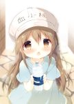  1girl :o artist_name bangs blue_shirt blush bottle brown_eyes brown_hair character_name clothes_writing commentary_request day eyebrows_visible_through_hair flat_cap hair_between_eyes hat hataraku_saibou holding holding_bottle long_hair looking_at_viewer open_mouth outdoors platelet_(hataraku_saibou) shiratama_(shiratamaco) shirt short_sleeves signature solo standing sweat very_long_hair water_bottle white_hat 