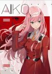  1girl aiko_(kanl) artist_name breasts candy cover cover_page cowboy_shot darling_in_the_franxx doujin_cover eyebrows_visible_through_hair eyeshadow food green_eyes hairband lollipop makeup medium_breasts military military_uniform mouth_hold oni_horns orange_neckwear pink_hair red_horns solo straight_hair uniform white_hairband zero_two_(darling_in_the_franxx) 