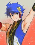  &gt;:) 1boy alternate_costume armpits arms_up blue_eyes blue_hair bubble_pop_sdk closed_mouth gradient gradient_background hair_ornament idolmaster idolmaster_side-m male_focus pink_background sleeveless smile solo taiga_takeru tassel upper_body 