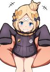  +++ 1girl abigail_williams_(fate/grand_order) absurdres arms_up bangs black_bow black_jacket blonde_hair blue_eyes blush bow commentary_request eyebrows_visible_through_hair fate/grand_order fate_(series) grin hair_bow hair_bun highres jacket long_hair long_sleeves looking_at_viewer mitchi orange_bow parted_bangs simple_background sitting sleeves_past_fingers sleeves_past_wrists smile solo white_background 