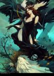  1girl angel artist_name bayard_wu blue_eyes breasts circlet cleavage curly_hair feathered_wings grass highres leaf legend_of_the_cryptids long_hair official_art open_mouth orange_hair skull solo teeth tree watermark web_address wings 