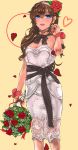  1girl absurdres alternate_costume blue_eyes blush bouquet breasts brown_hair choker cleavage dress earrings eyebrows_visible_through_hair fate/grand_order fate_(series) flower hair_flower hair_ornament highres holding holding_bouquet jewelry large_breasts long_hair looking_at_viewer mata_hari_(fate/grand_order) smile solo white_dress 