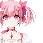  1girl absurdres bow choker collarbone eyebrows_visible_through_hair hair_between_eyes hair_bow highres jewelry kaname_madoka looking_at_viewer mahou_shoujo_madoka_magica misteor necklace pink_eyes pink_hair portrait purple_ribbon red_bow ribbon ribbon_choker short_hair simple_background solo twintails white_background 