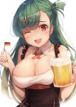  1girl ;d asymmetrical_hair beer_mug breasts cleavage commentary detached_collar eyebrows_visible_through_hair g28_(girls_frontline) german_flag girls_frontline green_hair hair_ornament hairclip highres large_breasts looking_at_viewer mole mole_on_breast motokonut one_eye_closed one_side_up open_mouth red_eyes simple_background smile solo upper_body white_background 