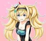  1girl alternate_costume black_shirt blonde_hair blue_eyes blush breasts eyebrows_visible_through_hair fish gambier_bay_(kantai_collection) hair_between_eyes headband kantai_collection large_breasts long_hair open_mouth pink_background shirt simple_background solo tk8d32 twintails 