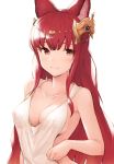  1girl animal_ears anthuria bangs bare_shoulders blush breasts cleavage collarbone dress erune granblue_fantasy hair_ornament highres koretsuki_azuma long_hair looking_at_viewer red_eyes simple_background smile solo white_background 