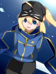  1girl :d ahoge artoria_pendragon_(all) baseball_cap black_hat black_shorts blonde_hair blue_background blue_eyes blue_jacket blue_scarf excalibur fate/grand_order fate_(series) hammer_(sunset_beach) hat holding holding_sword holding_weapon jacket long_sleeves mysterious_heroine_x open_mouth ponytail scarf shorts smile solo standing sword weapon 