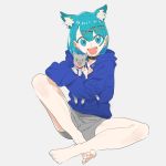  1girl :d animal animal_ears aqua_eyes aqua_hair bangs barefoot black_collar blue_hoodie cat cat_ears earrings eir_(machi) extra_ears grey_background grey_cat grey_shorts hair_ornament hairpin highres holding holding_animal holding_cat hood hood_down indian_style jewelry long_sleeves looking_at_viewer machi_(wm) open_mouth original short_hair shorts simple_background sitting smile solo x_hair_ornament 