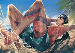  1boy barefoot beach black_hair blue_sky eyewear_on_head fate/grand_order fate_(series) full_body_tattoo glasses green_eyes hammock hand_behind_head highres looking_at_viewer male_focus male_swimwear parted_lips self_shot shoreline sky solo soso_(sosoming) swim_trunks swimwear tattoo yan_qing_(fate/grand_order) 