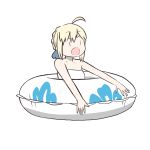  1girl ahoge artoria_pendragon_(all) bikini bikini_top blonde_hair crayon crayon_drawing emiya-san_chi_no_kyou_no_gohan fate/grand_order fate/hollow_ataraxia fate/stay_night fate_(series) floral_print fusion_harry hair_ribbon innertube open_mouth saber simple_background solo swimming swimsuit white_bikini |_| 