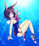  1girl animal_ears armpits azur_lane bare_legs brown_hair bubble bunny_tail full_body hair_ornament i-26_(azur_lane) looking_at_viewer mikoto_(mikoto_r_a) open_mouth rabbit_ears rudder school_swimsuit short_hair solo sunlight swimsuit tail tan underwater v 
