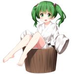  1girl bangs barefoot belt black_belt blush bucket collarbone green_eyes green_hair in_bucket in_container japanese_clothes kimono kisume knees_up long_sleeves looking_at_viewer open_mouth ruu_(tksymkw) short_hair short_kimono simple_background sitting sleeves_past_fingers sleeves_past_wrists smile solo thighs touhou twintails white_background white_kimono wide_sleeves wooden_bucket 