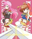  2girls aijou_karen crossed_swords crossover crown highres jacket_on_shoulders kaitoandmeikolove mini_crown multiple_girls pink_hair short_twintails shoujo_kageki_revue_starlight shoujo_kakumei_utena skirt sword tenjou_utena trait_connection twintails weapon 